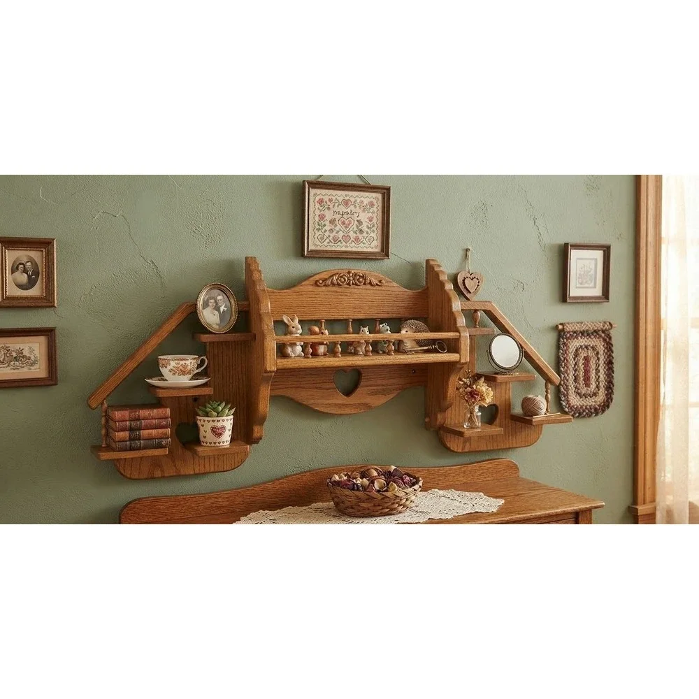 George Hacker Handcrafted Oak Wood Wall Shelf Heart Cutout Spindle 34x17x7.5